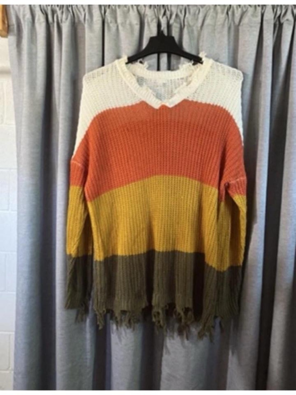 Cato Striped V-Neck Sweater in White, Orange, Yellow, Brown